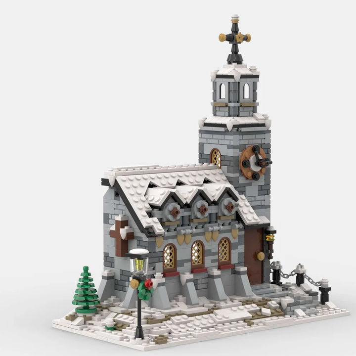 MOC NON LEGO 2024 new Winter Village Church Building Block Kit City Street Snow House Modular Architecture Brick Model Toy Christmas Gift