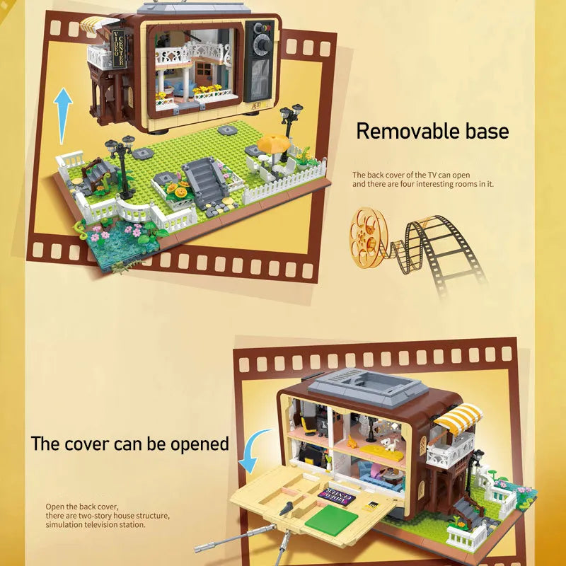 MOC NON LEGO New 2023 Mini City Retro Television Station Building Block Creative Friends TV Show Display Figure Bricks DIY Kids