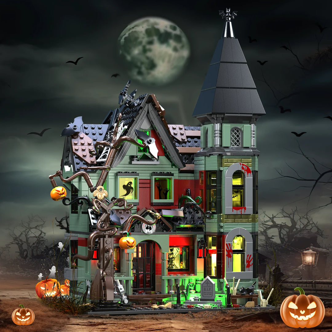 MOC NON LEGO 2024 NEW Haunted House Building Block Set Ideas Halloween Holiday Architecture Style Model Toys with Lighting Kit