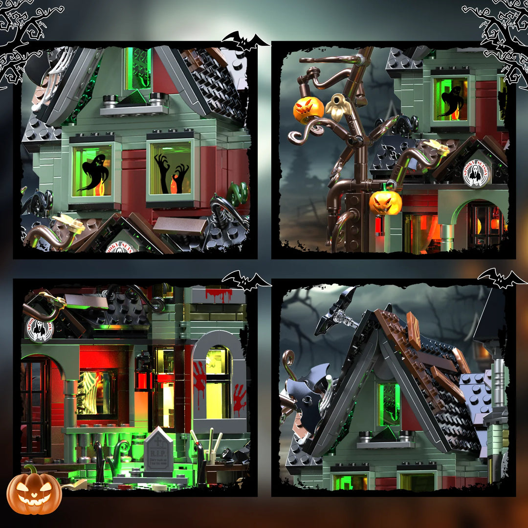 MOC NON LEGO 2024 NEW Haunted House Building Block Set Ideas Halloween Holiday Architecture Style Model Toys with Lighting Kit