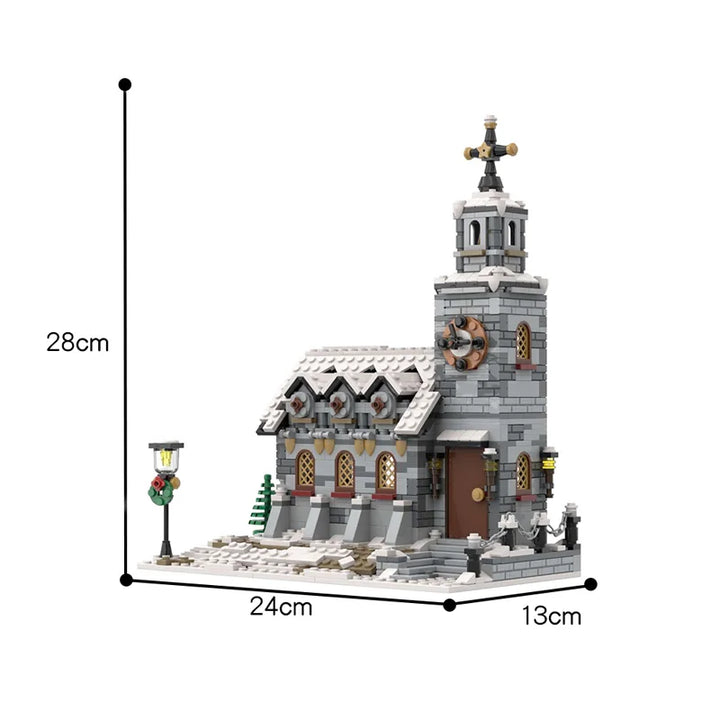 MOC NON LEGO 2024 new Winter Village Church Building Block Kit City Street Snow House Modular Architecture Brick Model Toy Christmas Gift