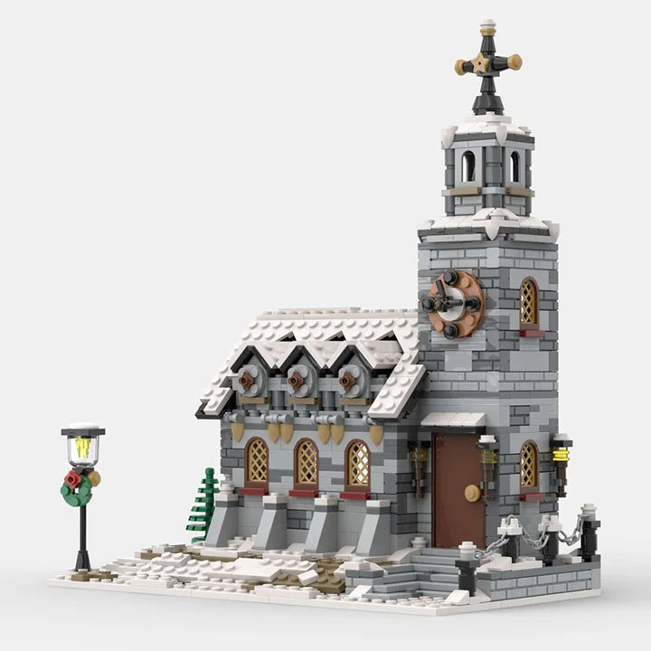 MOC NON LEGO 2024 new Winter Village Church Building Block Kit City Street Snow House Modular Architecture Brick Model Toy Christmas Gift