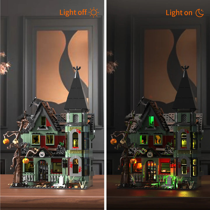 MOC NON LEGO 2024 NEW Haunted House Building Block Set Ideas Halloween Holiday Architecture Style Model Toys with Lighting Kit