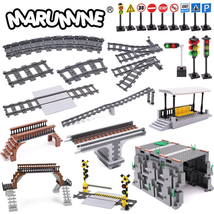 MOC NON   MOC City Train Railway Build Model Kit Soft Cruved Straight Tracks Traffic Light Tunnel Compatible 53401 Blocks Bricks