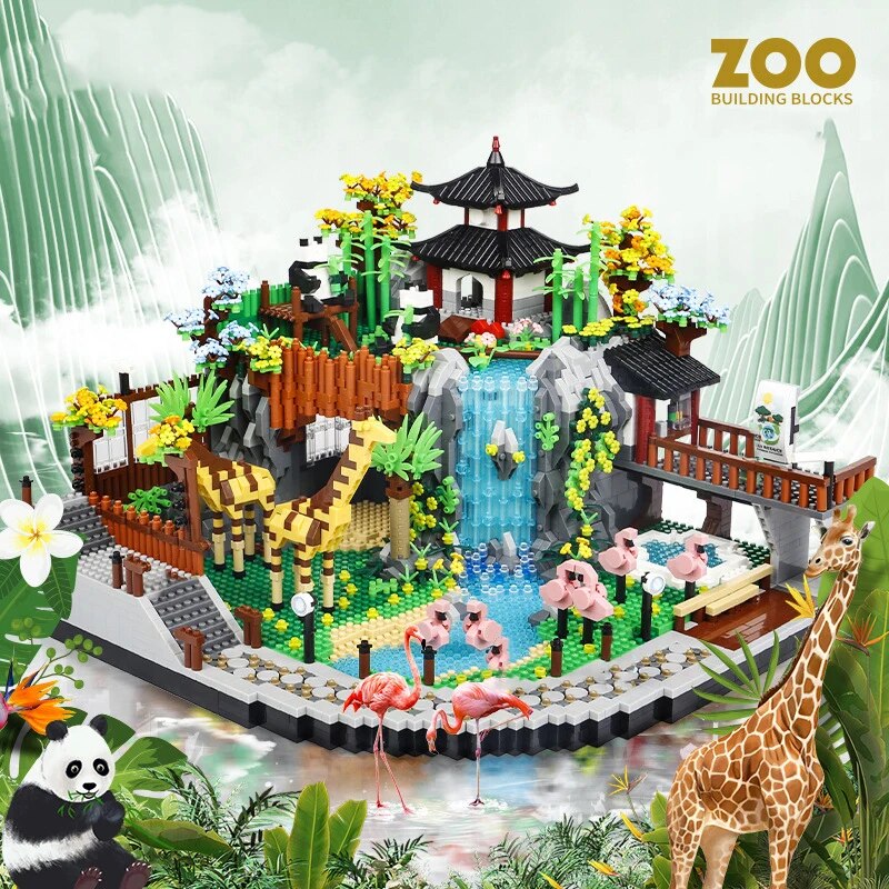 MOC NON LEGO MOC 4800PCS Diamond Bricks City Street View Zoo Architecture Building Blocks Panda Giraffe Elephant Animal Home toys Kids