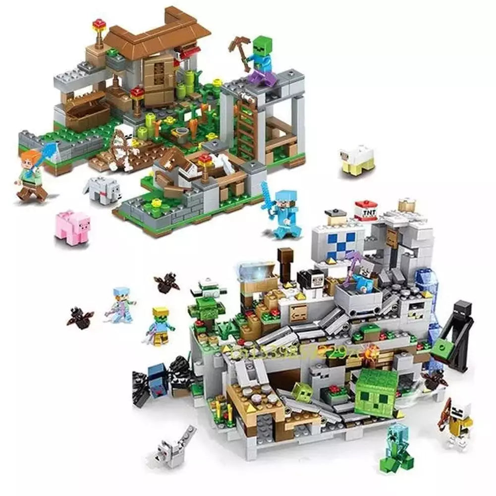 1000pcs my world Mountain cave Village building blocks chicken coop wolf nether hell portal Pig House Toys for christmas Gift Jurassic Bricks