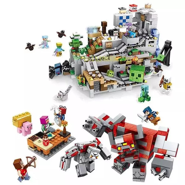 1000pcs my world Mountain cave Village building blocks chicken coop wolf nether hell portal Pig House Toys for christmas Gift Jurassic Bricks