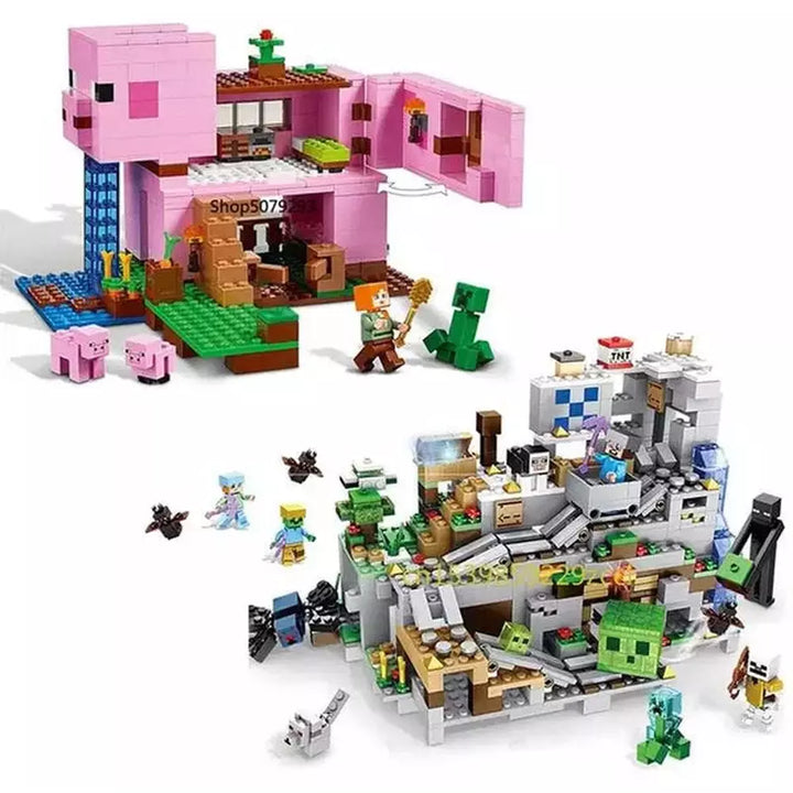 1000pcs my world Mountain cave Village building blocks chicken coop wolf nether hell portal Pig House Toys for christmas Gift Jurassic Bricks