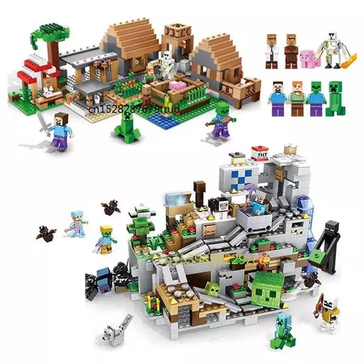 1000pcs my world Mountain cave Village building blocks chicken coop wolf nether hell portal Pig House Toys for christmas Gift Jurassic Bricks