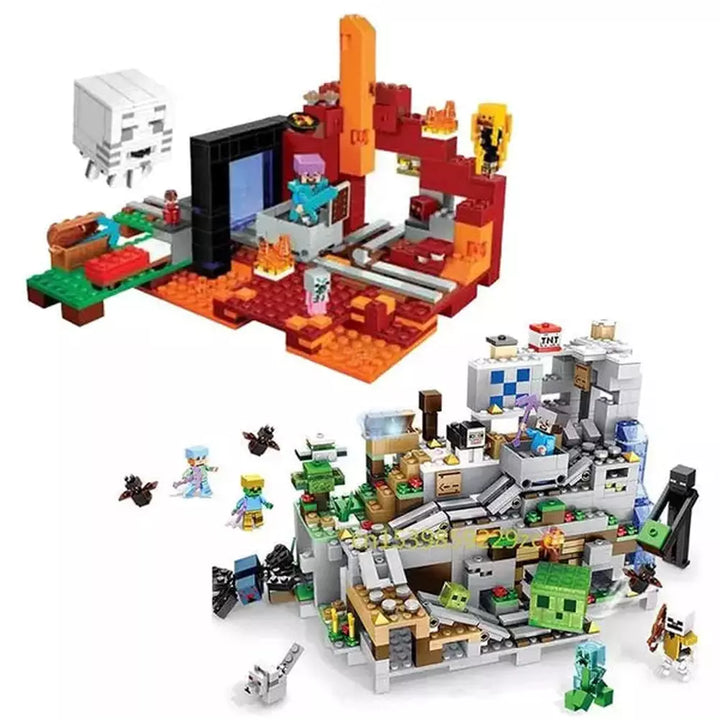 1000pcs my world Mountain cave Village building blocks chicken coop wolf nether hell portal Pig House Toys for christmas Gift Jurassic Bricks