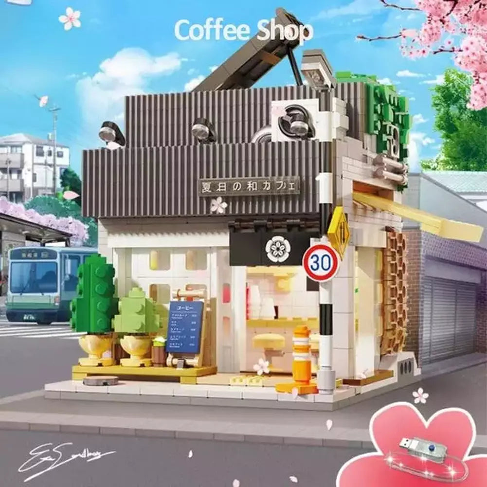 MOC  Compatible  1116 PCS Japanese Style City Street View Ahitecture Building Blocks Brick Toy Coffee House Model with Light Kids  LED