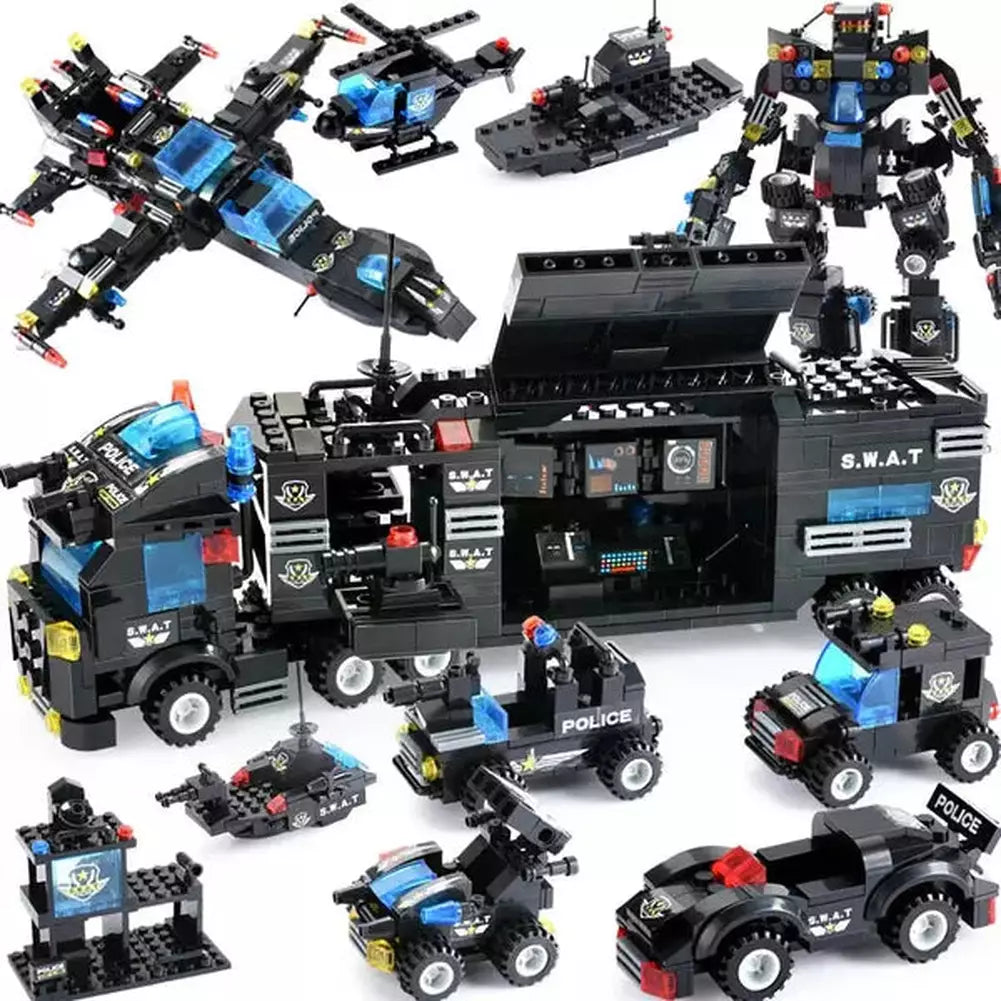 825+PCS Creative City Police Building Blocks 8 in 1/6 In 1 Robot Helicopter Police Station Figures Blocks DIY Bricks Kids Toys Jurassic Bricks