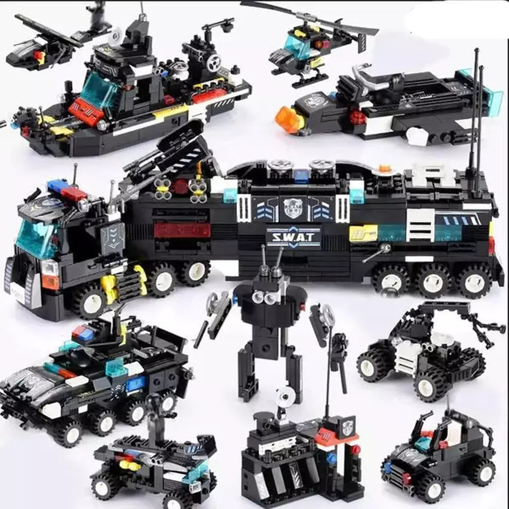 825+PCS Creative City Police Building Blocks 8 in 1/6 In 1 Robot Helicopter Police Station Figures Blocks DIY Bricks Kids Toys Jurassic Bricks