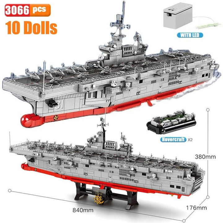 Block Aircraft Carrier With LED Building Blocks Military Battleship Brick Weapon Warship Toys Warcraft Ship Boat Jurassic Bricks