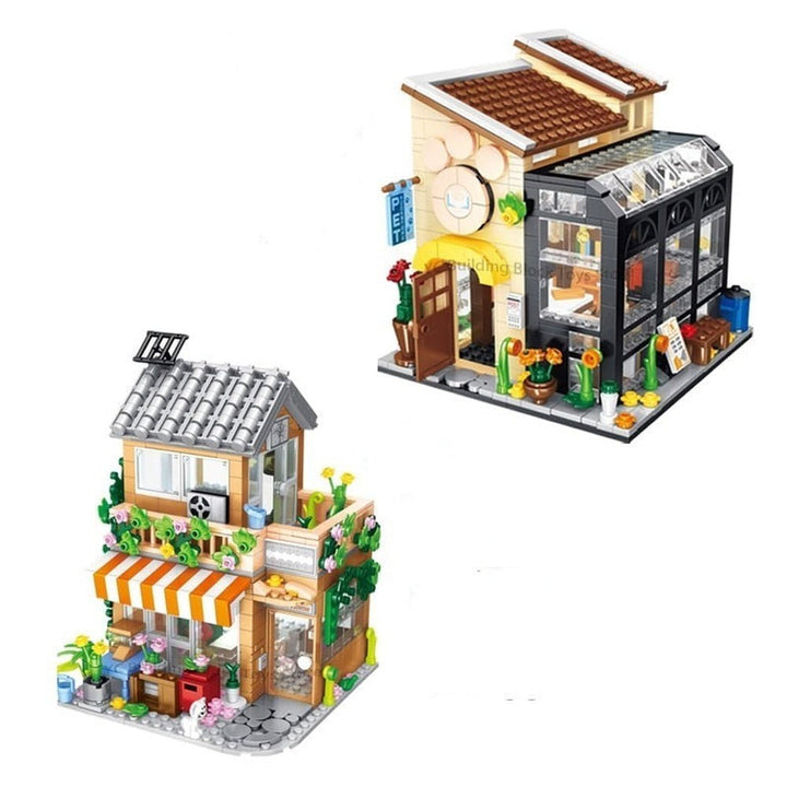 MOC NON LEGO City Street View Creative Coffee Shop House Flower Shop Building Block DIY Architecture Bricks Light Sets Kids Toys Girls