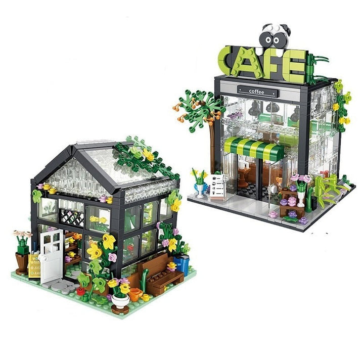 MOC NON LEGO City Street View Creative Coffee Shop House Flower Shop Building Block DIY Architecture Bricks Light Sets Kids Toys Girls