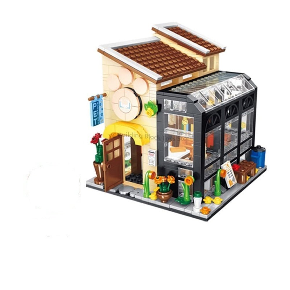 MOC NON LEGO City Street View Creative Coffee Shop House Flower Shop Building Block DIY Architecture Bricks Light Sets Kids Toys Girls