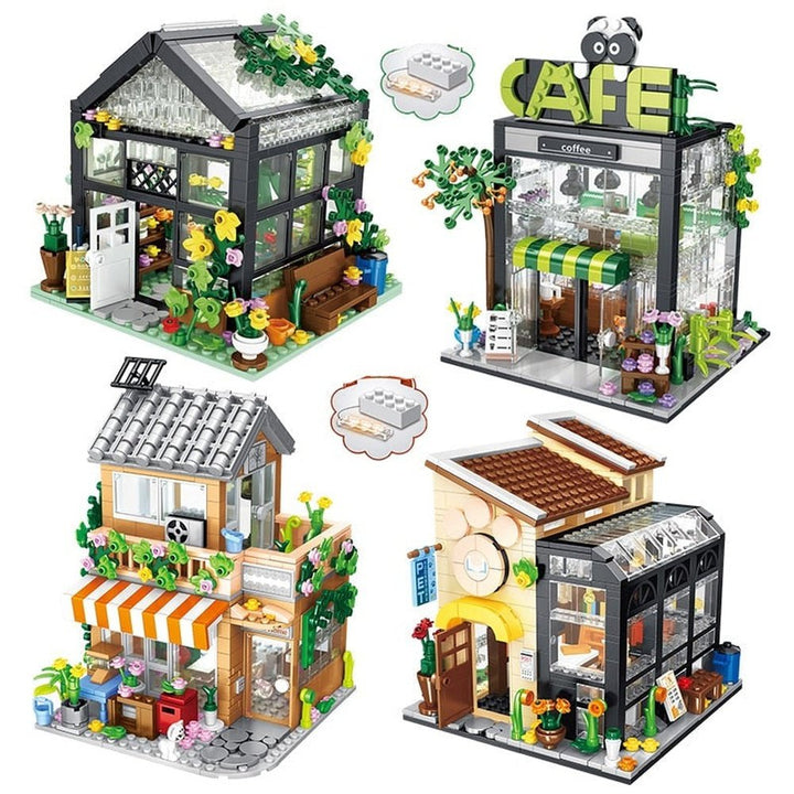 City Street View Creative Coffee Shop House Flower Shop Building Block DIY Architecture Bricks Light Sets Kids Toys Girls Gifts Jurassic Bricks