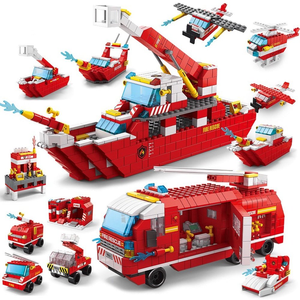 H 1000+pcs City Fire Fighting Car Ship Building Blocks Rescue Station Firefighter Brick Educational Toy for Children Gift Jurassic Bricks