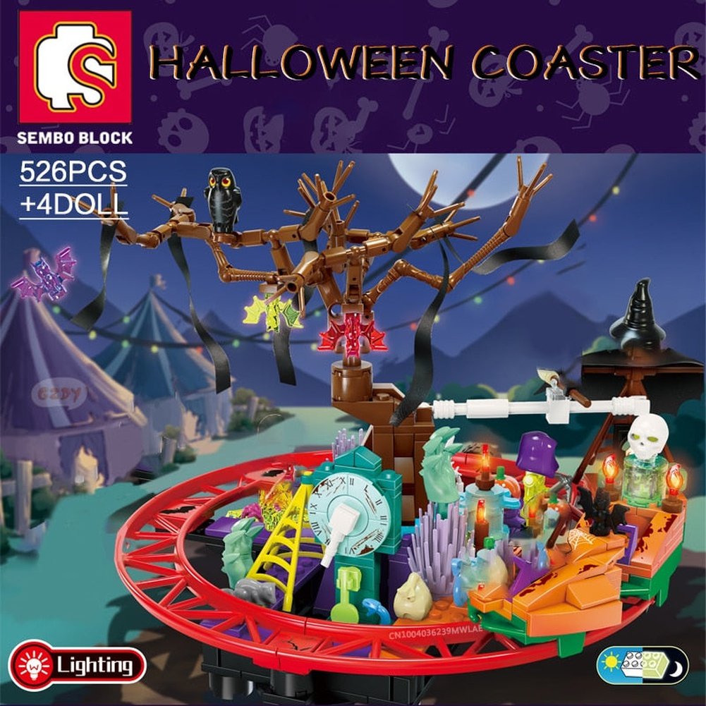 Halloween Coaster Party Toys Pumpkin Lighting Building Blocks DIY Model Kits Gifts Child Adults Jurassic Bricks