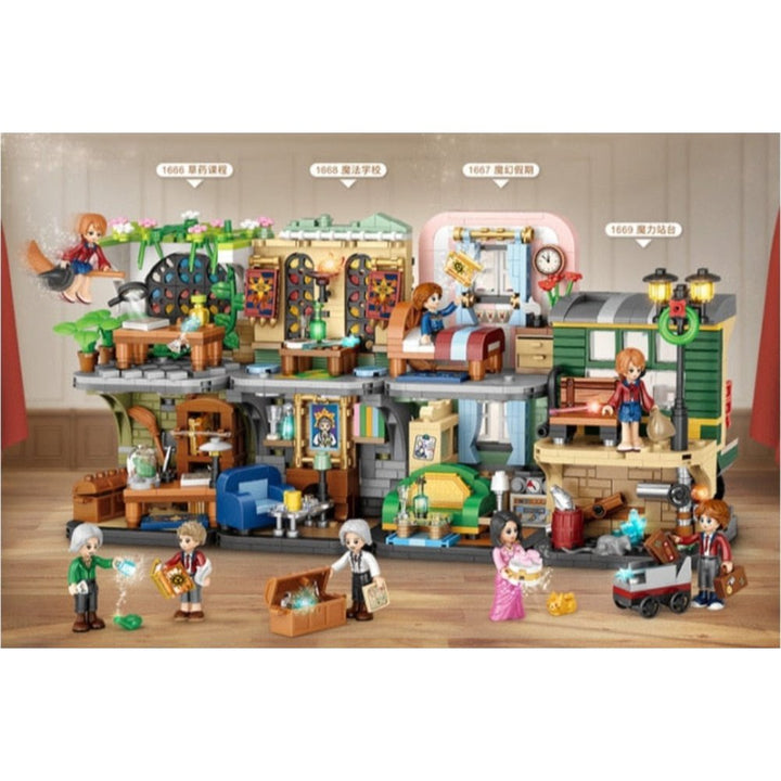 L Blocks Magic School Cartoon Street Store Building Bricks for Children Toy Kids Brinquedos Girls Gift Christmas Present 1666 Jurassic Bricks