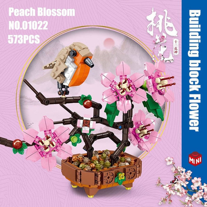 Mini Building Blocks Flower Peach Blossom Peony Flower Plum Bird Potted 3D Model Ornaments Children&#39;s Educational Toys Girl Gift Jurassic Bricks