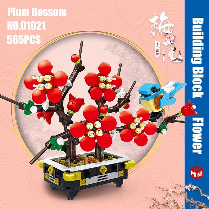 Mini Building Blocks Flower Peach Blossom Peony Flower Plum Bird Potted 3D Model Ornaments Children&#39;s Educational Toys Girl Gift Jurassic Bricks