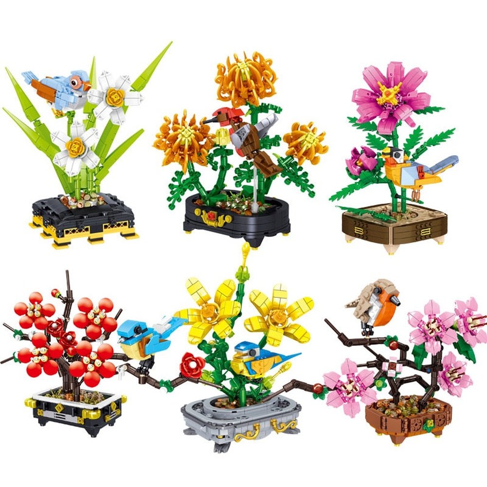 Mini Building Blocks Flower Peach Blossom Peony Flower Plum Bird Potted 3D Model Ornaments Children&#39;s Educational Toys Girl Gift Jurassic Bricks