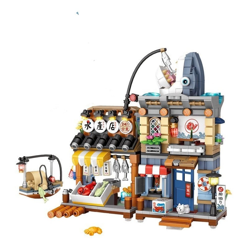 New Creative Sea Fish Food House Model Building Block MOC Retail Store With Figure Dolls Bricks Sets Boys Toys Kids Gifts Jurassic Bricks