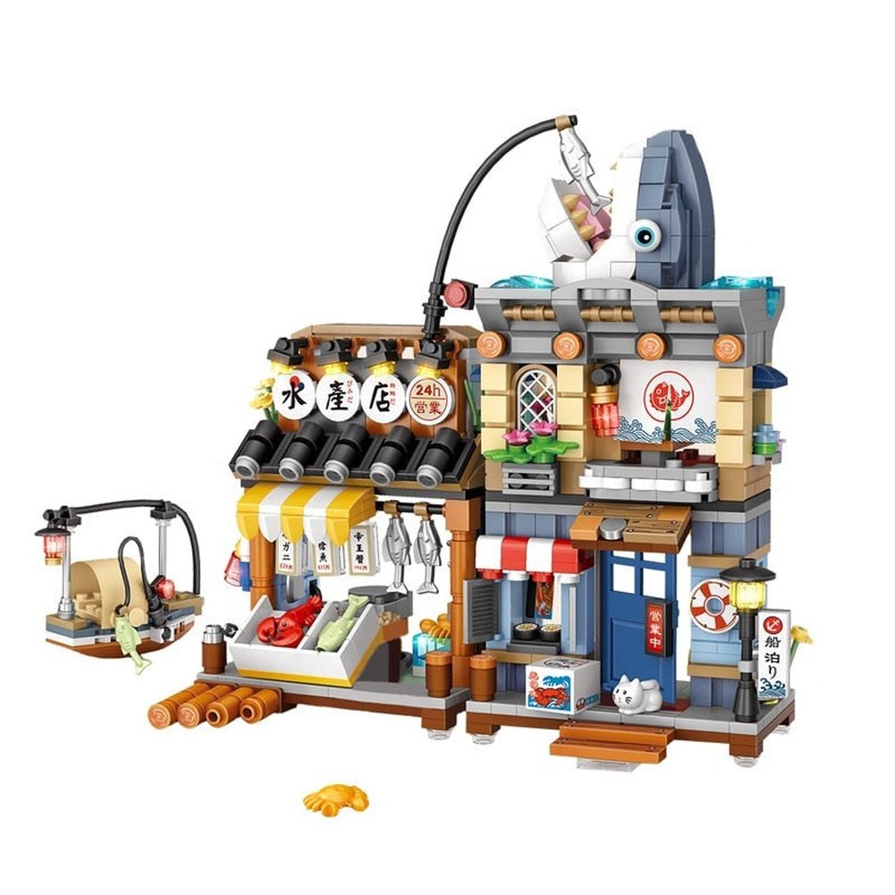 New Creative Sea Fish Food House Model Building Block MOC Retail Store With Figure Dolls Bricks Sets Boys Toys Kids Gifts Jurassic Bricks