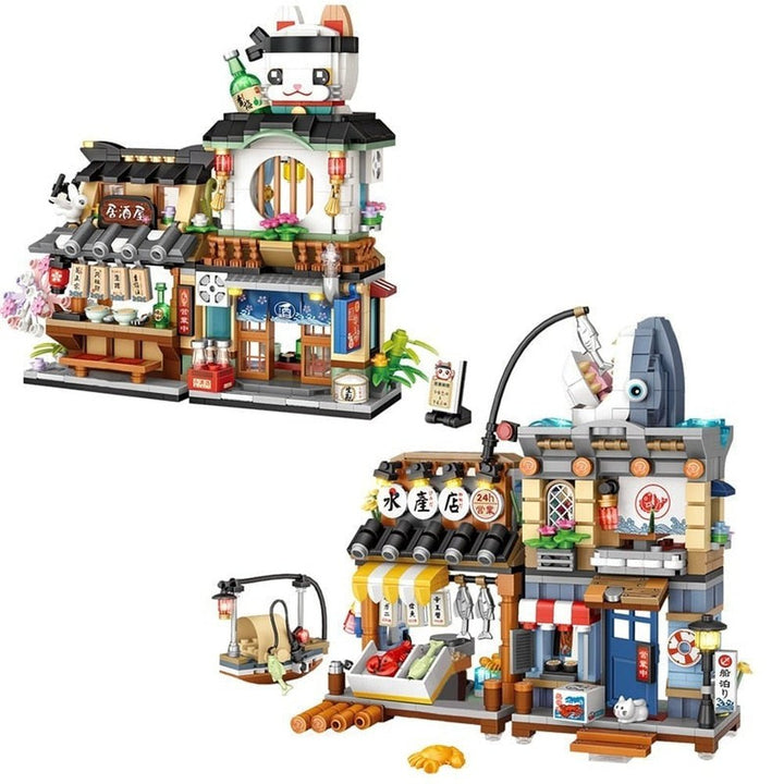 New Creative Sea Fish Food House Model Building Block MOC Retail Store With Figure Dolls Bricks Sets Boys Toys Kids Gifts Jurassic Bricks