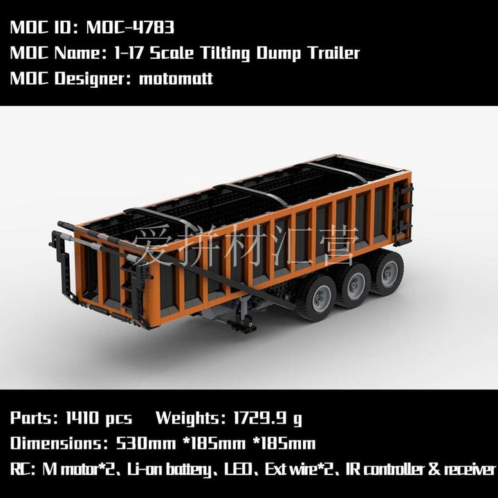 MOC  Compatible  MOC-4783 1:17 dump trailer is suitable for various truck head remote control motor electric assembly blocks 1410pcs