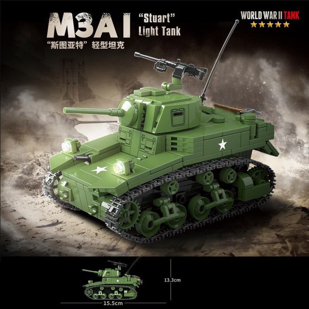 MOC NON LEGO WW2 Soldier Model Series World War II M3A1 Stuart Light Tank Collection Ornament Building Blocks Bricks Toys