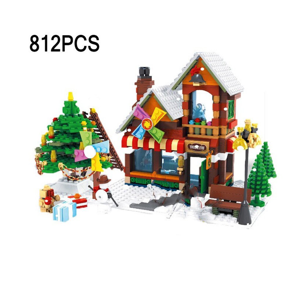 Winter Christmas Village Block Set DIY Mini Train Santa Claus Sled Post Office Toys Store Tree Building Bricks For Kids Xmas Jurassic Bricks