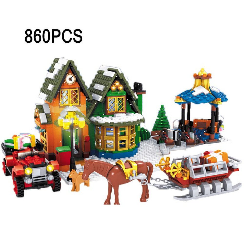 Winter Christmas Village Block Set DIY Mini Train Santa Claus Sled Post Office Toys Store Tree Building Bricks For Kids Xmas Jurassic Bricks