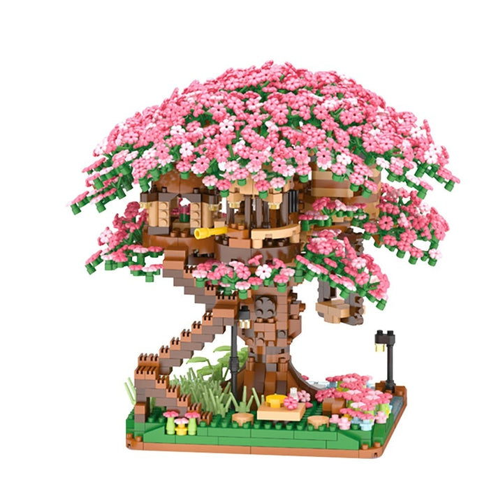 MOC NON LEGO With Lights Mini Sakura Tree House Building Block Ideas City Cherry Blossom Japanese Friends Street View Brick Toy  Gif