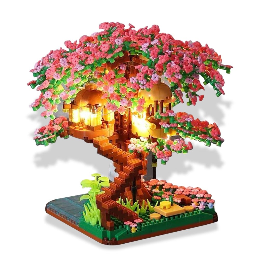 MOC NON LEGO With Lights Mini Sakura Tree House Building Block Ideas City Cherry Blossom Japanese Friends Street View Brick Toy  Gif