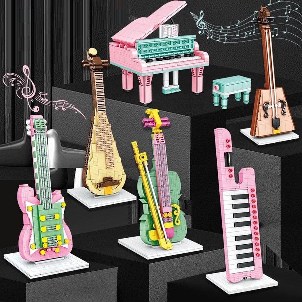 Zhegao Building Blocks Musical Instrument Guitar Piano Violin Model Ornaments Children&#39;s Gifts Assembled Building Blocks Toys Jurassic Bricks